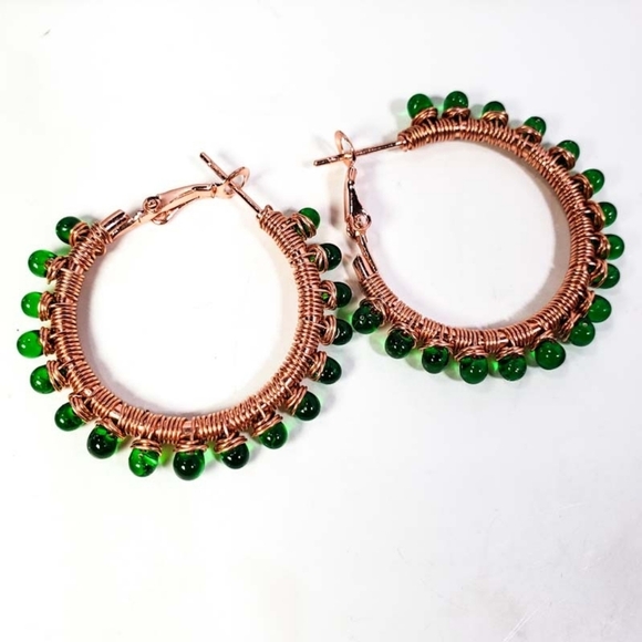 Hand Crafted Jewelry - Artisan Green & Copper Wire Wrapped Hoop Earrings
